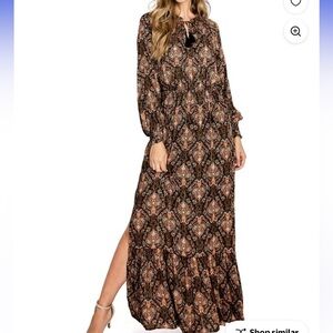 Love Stitch Long Sleeve Boho Leg slit Black multicolor Flowy Maxi dress Nwt
